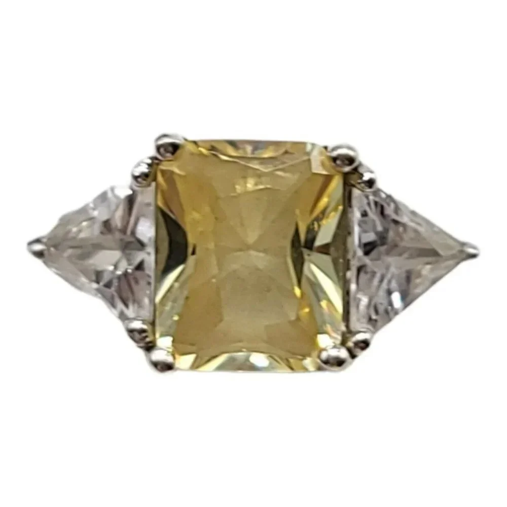 Charles Winston CWE Canary Yellow Clear Rhinestone Cocktail Sterling Ring Size 7